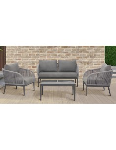 SET CON TAVOLINO, POLTRONA E DIVANO IN METALLO VERNICIATO, SCHIENALE IN CORDA, PIANO IN VETRO TE.