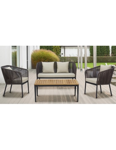 SET CON TAVOLINO, POLTRONA E DIVANO IN ALLUMINIO VERNICIATO,RIVESTIMENTO IN PIATTINA PIANO IN TEAK