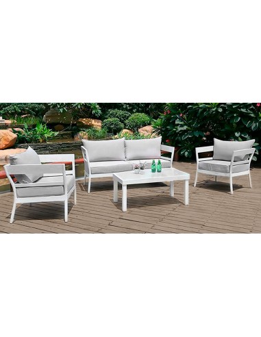 SET CON TAVOLINO, POLTRONA E DIVANO IN ALLUMINIO VERNICIATO, CUSCINI IN TESSUTO, PIANO IN VETRO TEM