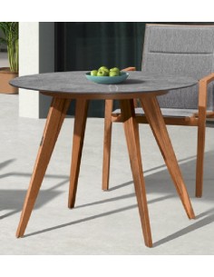 TAVOLO ROTONDO IN TEAK CON PIANO IN CERAMICA