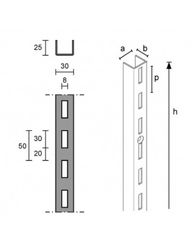 MONTANTE PROFILO SCANALATO PASSO 50 mm FORO 8x30mm DA 240 cm