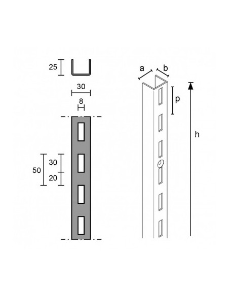 MONTANTE PROFILO SCANALATO PASSO 50 mm FORO 8x30mm DA 240 cm